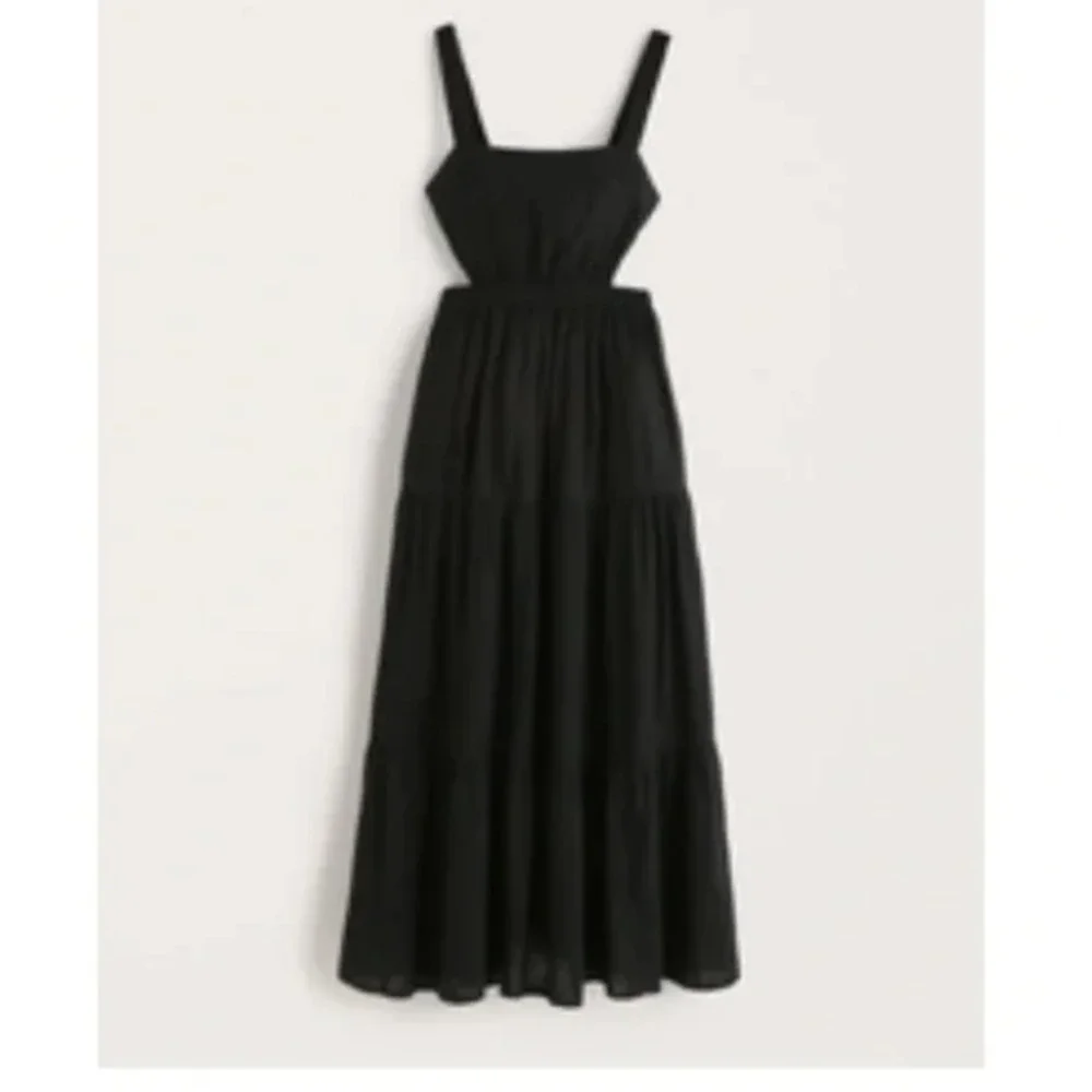 ABERCROMBIE & FITCH Linen Blend Cut Open Black Maxi Vacation Dress Sz M {3N16}